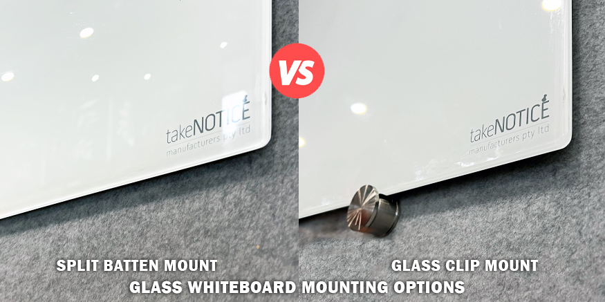 Glass whiteboard mount options split battens and glass clip clamps